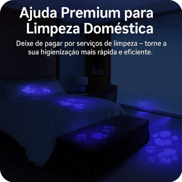 Quarto escuro com manchas visíveis sob luz ultravioleta, simulando uso de lanterna UV para deteção de vestígios de sujidade e urina.