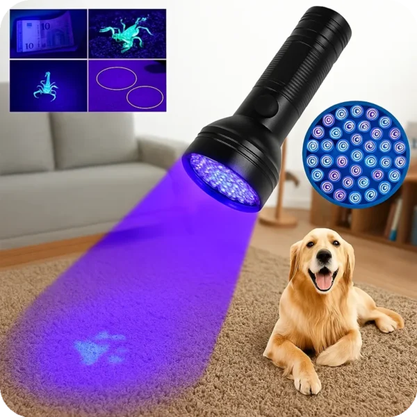 Lanterna ultravioleta com LED a iluminar urina no tapete junto a um cão, ideal para deteção de pragas e resíduos biológicos.